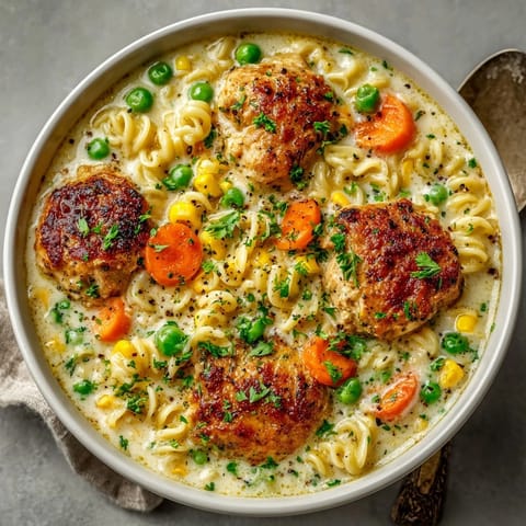 Hot one-pot chicken pot pie ramen: a steamy bowl featuring noodles, chicken, and fresh herbs.