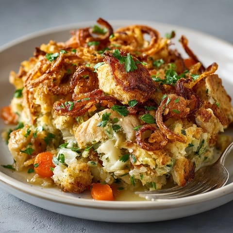 A steaming Homestyle Chicken & Stuffing Skillet with tender chicken under a crispy onion crust, ready to serve.