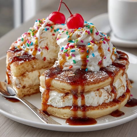 Close-up of a delicious Rebel Soda Float Pancake Wrap, showing creamy ice cream and cherry topping.