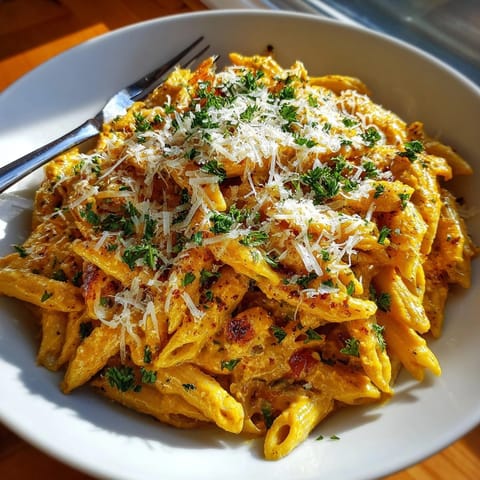 Delicious warm spiced pumpkin cream cheese pasta, a comforting vegetarian meal perfect for fall.