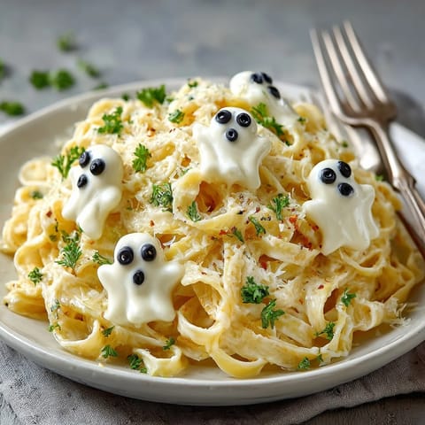 Picture a steaming plate of Halloween Ghostly White Sauce Pasta, a spooky vegetarian dinner delight.
