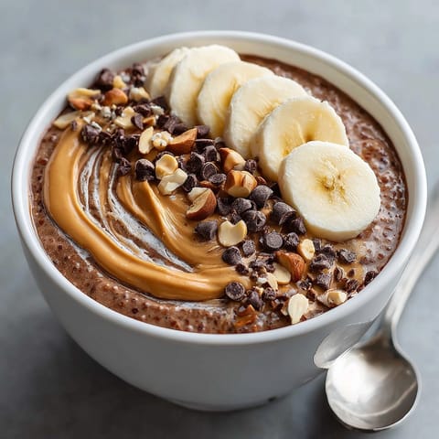 Thick and creamy chocolate peanut butter overnight oats, enticingly swirled with peanut butter and ready to eat.