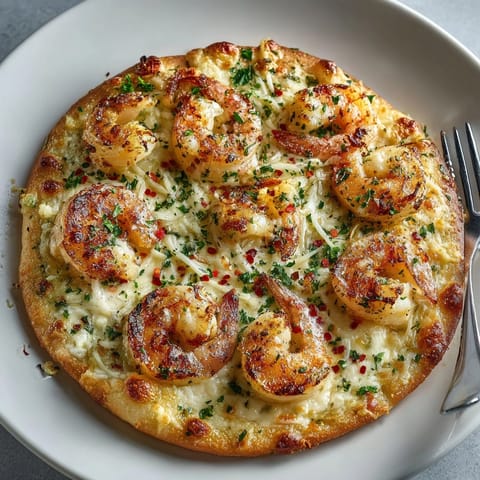 Hot slices of Shrimp Alfredo Pizza topped with juicy shrimp, melted cheese, and fresh parsley.