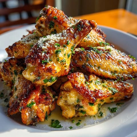 Crispy garlic Parmesan chicken wings sprinkled with fresh parsley, perfect as a game day appetizer.