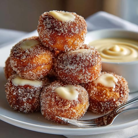 Warm Cinnamon Sugar Pretzel Bites sprinkled with cinnamon, ready to dip in creamy cheese sauce.