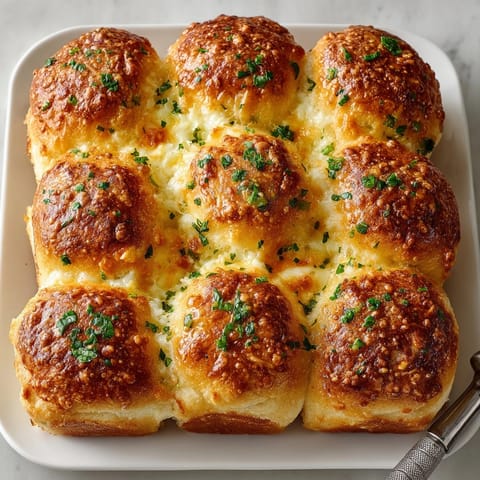 Cheesy Garlic Pull-Apart Dinner Rolls stacked in a baking dish, warm and melty, ready to share.