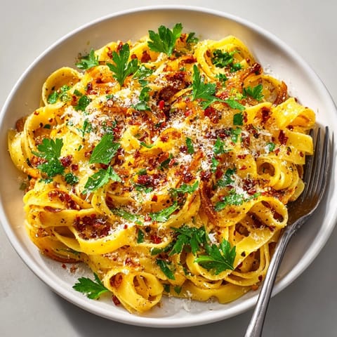 A steaming bowl of caramelized onion pasta with chilli oil, ready for a flavorful, spicy dinner.