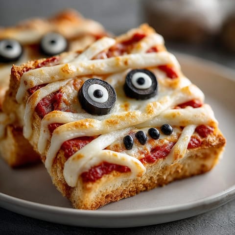 Kid-friendly Mummy French Bread Pizzas, baked to a crisp with bubbly cheese.