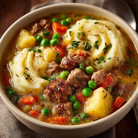 Hearty Shepherd's Pie Soup simmers, a comforting twist on a classic, perfect for cold weather.