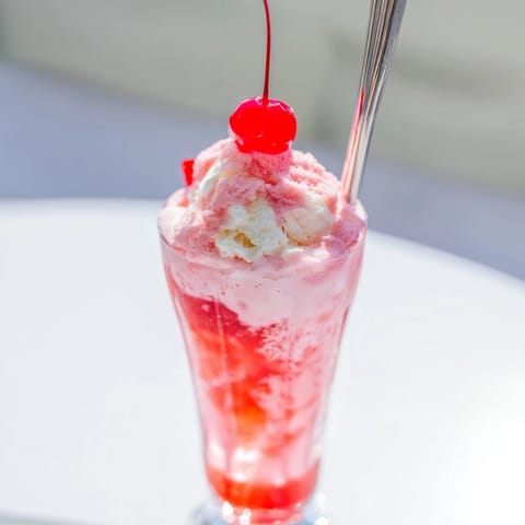 Homemade Cupid Float recipe: vanilla ice cream and strawberry soda in a festive glass.