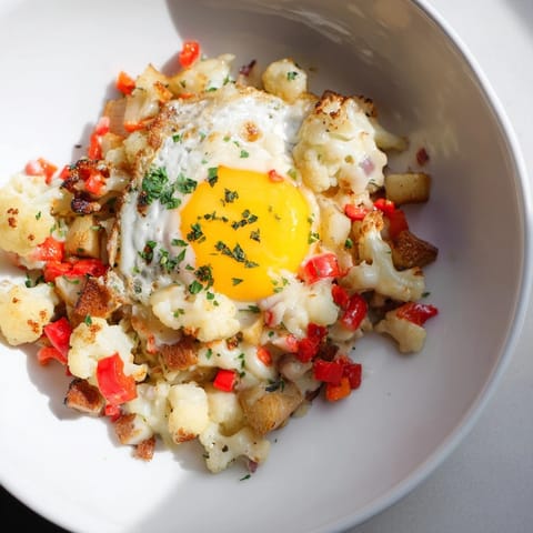A warmly plated Alfredo Cauliflower Breakfast Hash, topped generously with fresh parsley.