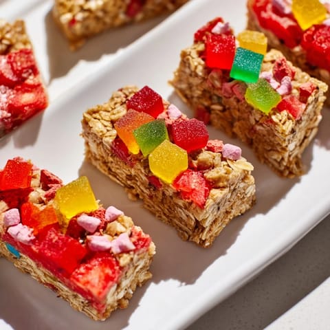 Homemade gummies top delightful oat base, creating vibrant DIY snack bars.  