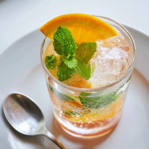 Homemade probiotic soda mocktail served over ice, vibrant with citrus and mint flavors.  