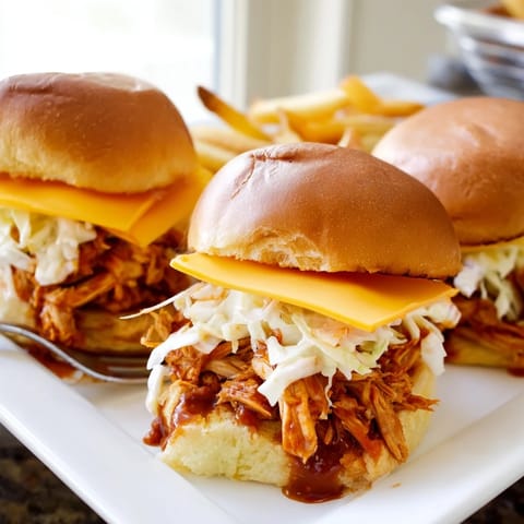 Juicy BBQ Chicken Sliders topped with coleslaw and served with crispy fries.  