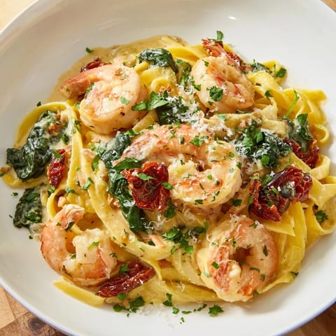A plate of Tuscan Garlic Shrimp Pasta shows the vibrant colors of shrimp, spinach and a creamy sauce.