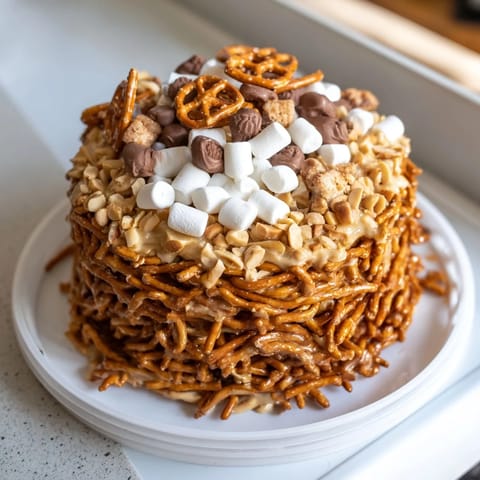 Stacked Haystack Candy Tower, a festive dessert, showcasing butterscotch, pretzels, and white chocolate.