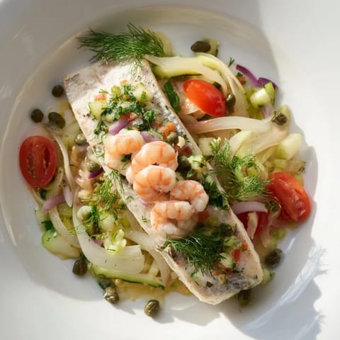 Golden blue fish fillets in Plongeons dans lOcéan Poisson Bleu, served with lemon wedges and fresh parsley.