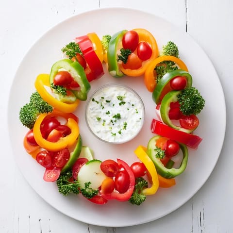 A beautifully arranged Festive Bell Pepper Wreath, showing fresh vegetables and creamy dip in the center.