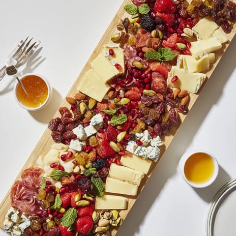 This stunning Pomegranate Jewel Cascade appetizer board is filled with colorful fruits and nuts.