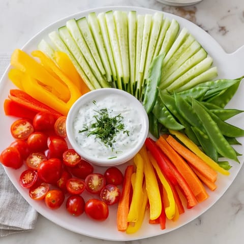 Close-up of a refreshing Veggie Platter, highlighting the elegant arrangement of fresh vegetables and creamy dip.