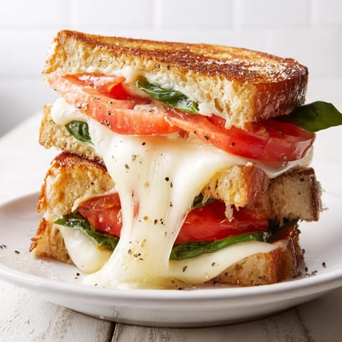 Golden-brown bread embraces the perfect Tomato Basil Grilled Cheese, a warm and comforting sandwich.