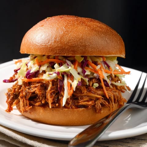 A close-up of a juicy pulled chicken sandwich with tangy slaw on a soft brioche bun, ready to eat.