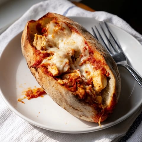 Golden-baked Chicken Parm Stuffed Garlic Bread boats, served hot alongside a crisp Italian salad.