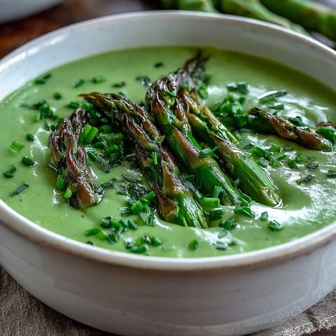 Silky asparagus soup, topped with vibrant blanched tips and fresh herbs.