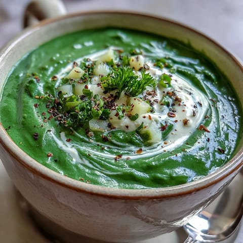 Velvety spinach soup, a comforting pot of green goodness, ready to serve.