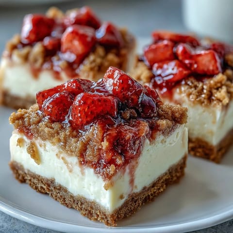 A plated serving of chilled Strawberry Cheesecake Bars garnished with fresh berries on a rustic table.