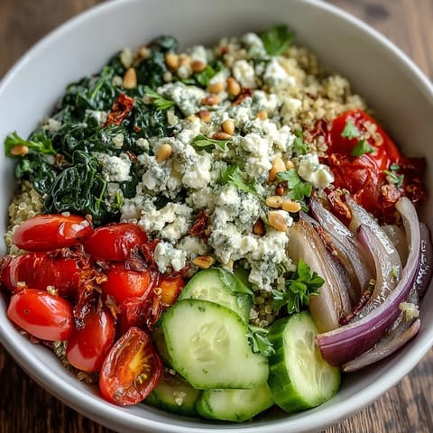 Colorful Mediterranean Spinach and Feta Grain Bowl with quinoa, crisp veggies, and pine nuts, served in a white ceramic bowl.