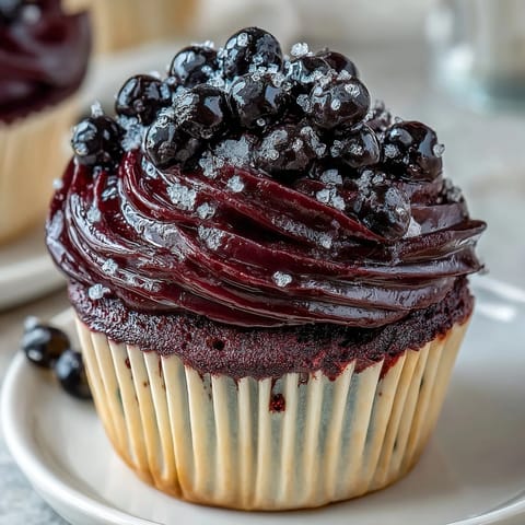 Glossy Black Currant Frosting spread between two layers of tender cake on a plate.