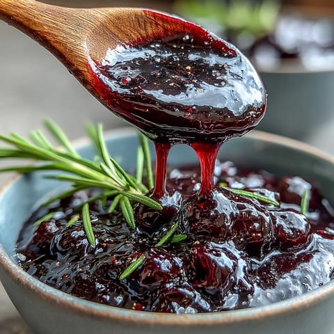 Fresh rosemary sprigs and sliced shallots frame a small bowl of rich Black Currant and Rosemary Reduction.