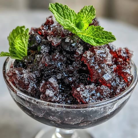 A close-up view shows the granita's bright red ice crystals glistening in a chilled glass, with a sprig of mint on top.