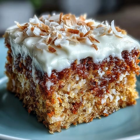 Freshly baked Christmas Hawaiian Carrot Pineapple Cake with luscious cream cheese frosting and toasted coconut garnish.