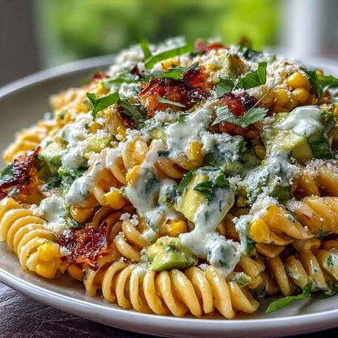 Warm Creamy Street Corn Pasta Salad garnished with fresh cilantro, basil, and cotija cheese, ready for a summer barbecue.