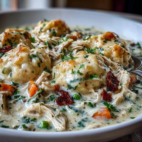 A hearty white bowl filled with Slow Cooker Ranch Chicken & Dumplings features savory carrots, peas, and a rich ranch-infused broth.