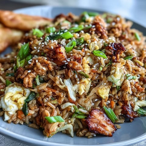 Golden-brown Crispy Chicken Fried Rice with Egg Roll Flavors features ground chicken, shredded carrots, and cabbage piled high in a skillet.