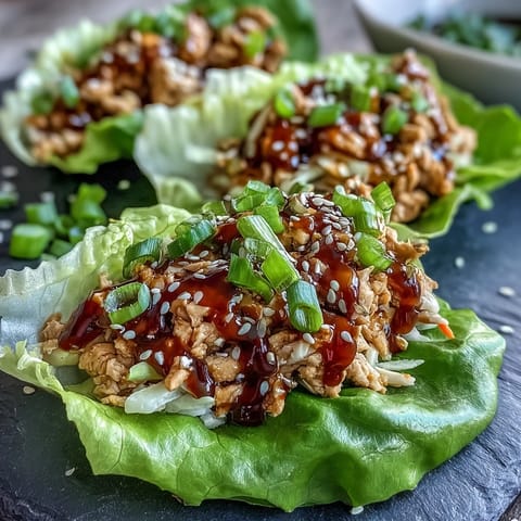 A close-up of Potsticker-Inspired Chicken Lettuce Boats served with a drizzle of spicy dipping sauce.