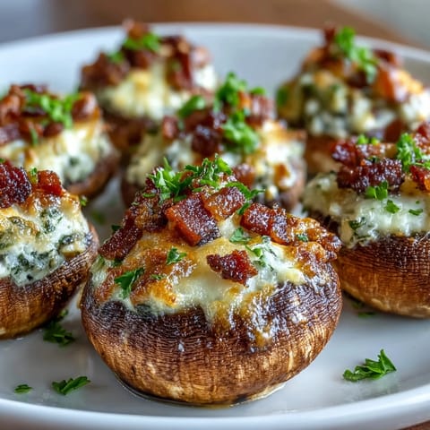 Eight plump mushroom caps are filled with a creamy, savory mixture featuring crispy bacon and melted shredded cheddar cheese.