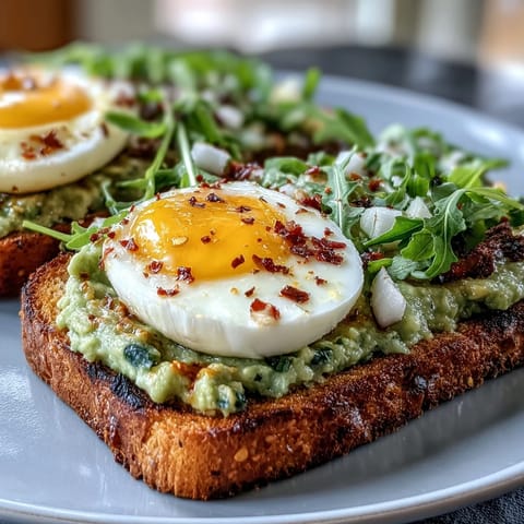 Wholesome open-faced toast with ripe avocado, sliced egg, vibrant microgreens, and a hint of chili heat, perfect for a light lunch.