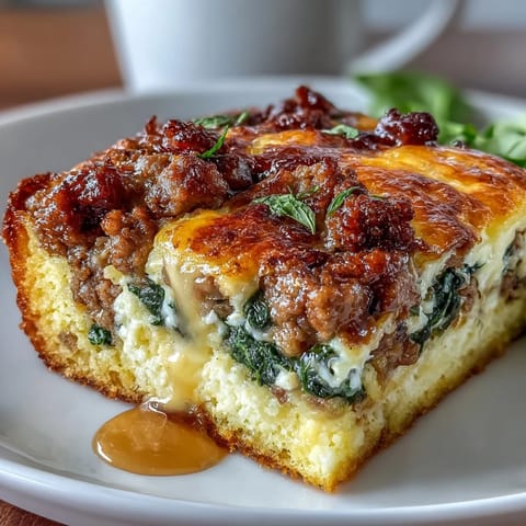Keto sausage, egg, and spinach breakfast bake with golden cheesy top and savory sausage crumbles.
