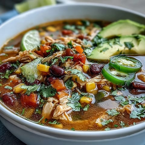Hearty chicken taco soup brimming with colorful bell peppers, zucchini, and beans, garnished with shredded cheese and Greek yogurt for a protein-packed, gluten-free meal.  