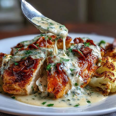 Succulent chicken breasts simmered in smoky poblano cream sauce, served alongside crispy, seasoned cauliflower florets for a low-carb dinner.  