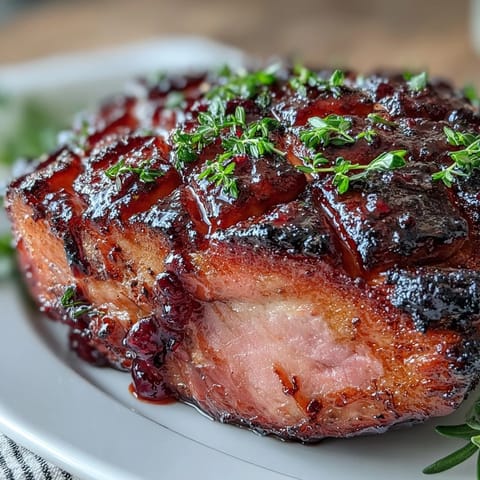 A golden baked ham with a glossy black currant jam glaze, perfect for holiday feasts.  