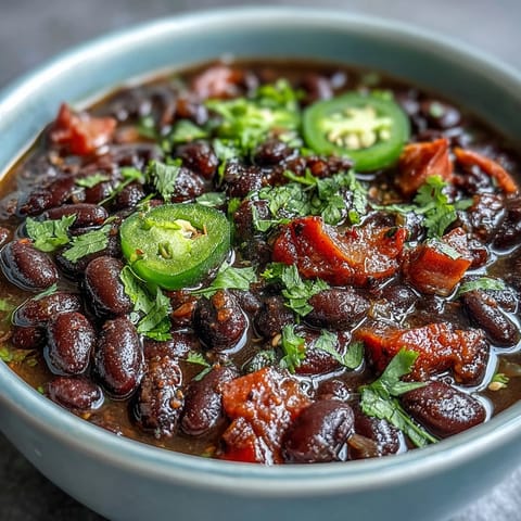 A steaming bowl of Black Bean and Ham Soup with jalapeños, topped with fresh cilantro and lime wedges.