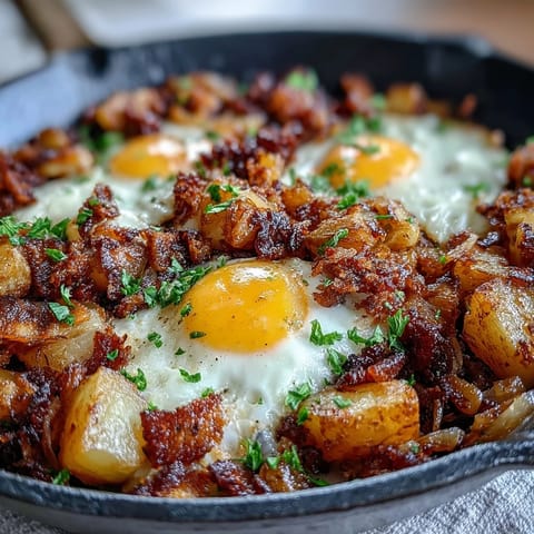 A golden skillet of crispy corned beef hash with tender potatoes, sautéed vegetables, and sunny-side-up eggs, perfect for a hearty breakfast.