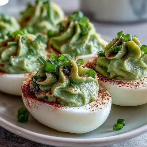 Vibrant green deviled eggs with creamy avocado filling, garnished with chives and smoked paprika for a fresh appetizer.  