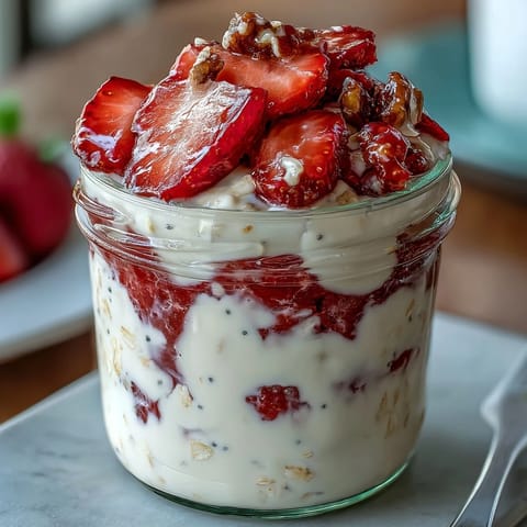 A jar of creamy strawberry vanilla protein overnight oats with chia seeds, layered with fresh chopped strawberries and a drizzle of maple syrup.