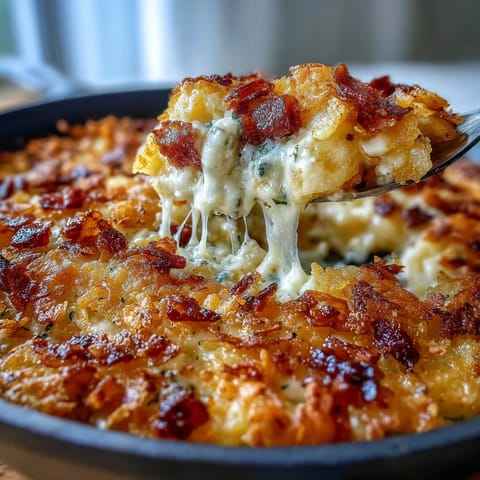 Funeral Potatoes and Ham Breakfast Skillet with golden hash browns and melted cheddar in a creamy sauce.